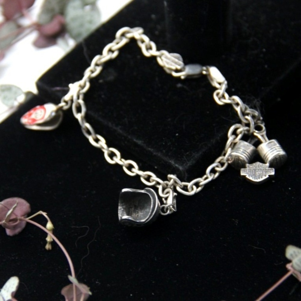 Harley-Davidson MOD Charm Bracelet Sterling Silver 8.5 Inch 5mm Piston Helmet